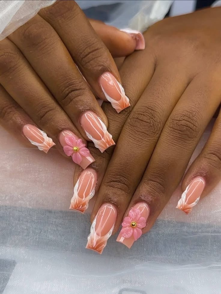 Pose gel forme carrée avec nail art 3D floral